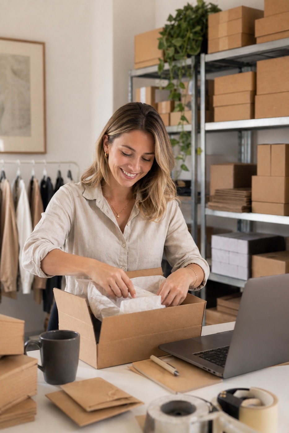 E-Commerce-Gründerin beim Verpacken von Bestellungen