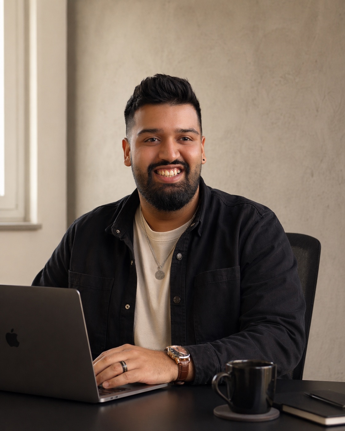 Yahya Pervaiz am Schreibtisch mit Laptop in einem hellen Studio